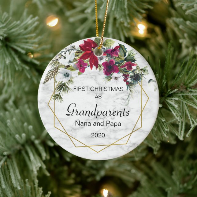 Weihnachten Großeltern Poinsettia Pine Foto Keramik Ornament (Baum)