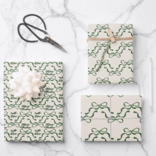 Weihnachten Grün & Creme Moderner Urlaub Tiny Bows Geschenkpapier Set