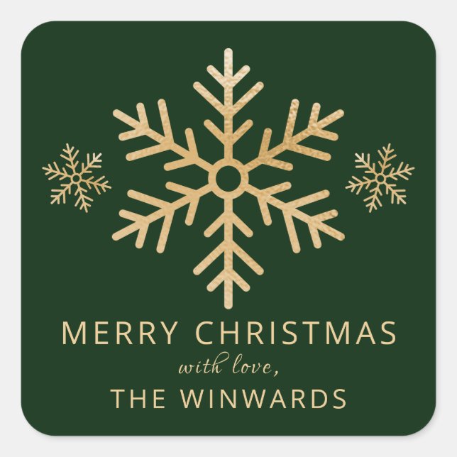 Weihnachten Grün & Gold Fossil Weihnachten Schneef Quadratischer Aufkleber (Vorderseite)