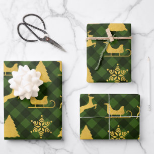 Weihnachten Grün & Schwarz Buffalo Kariert Gold Xm Geschenkpapier Set