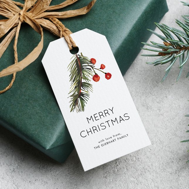 Weihnachten: Grün und Rot Berries Geschenkanhänger (Christmas Red Berries Modern Family Gift Tag)