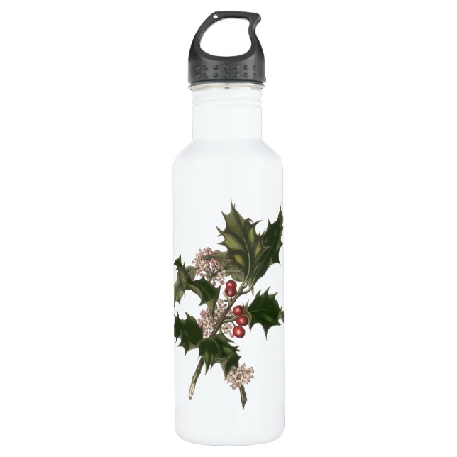 Weihnachten, Grüne Holly-Pflanze mit Berries Edelstahlflasche (Vorderseite)