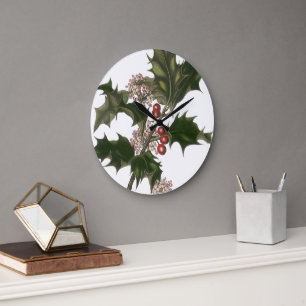 Weihnachten, Grüne Holly-Pflanze mit Berries Große Wanduhr