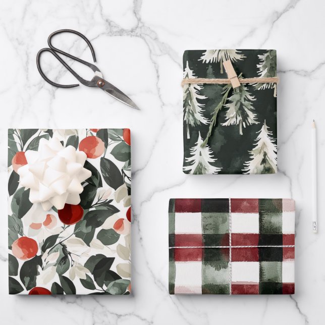 Weihnachten Grüne rote Berries Bäume Geschenkpapier Set (Vorderseite)