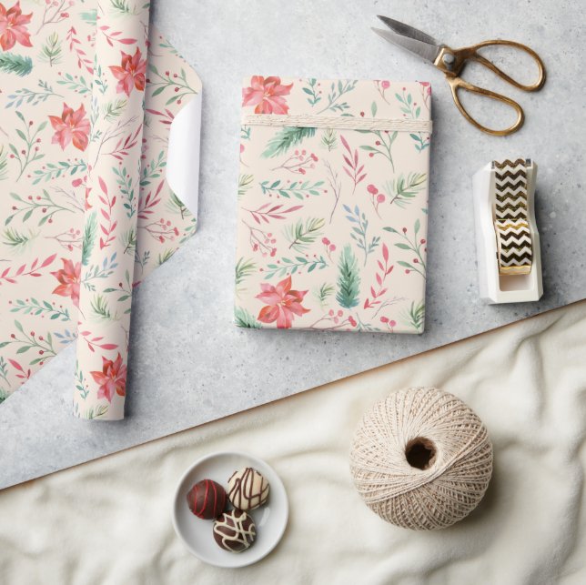 Weihnachten Grüne Rote Florals Creme Geschenkpapier (Kunsthandwerk)