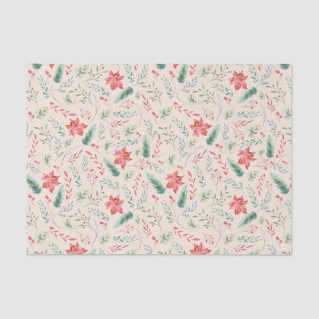 Weihnachten Grüne Rote Florals Creme Seidenpapier (Vorderseite)