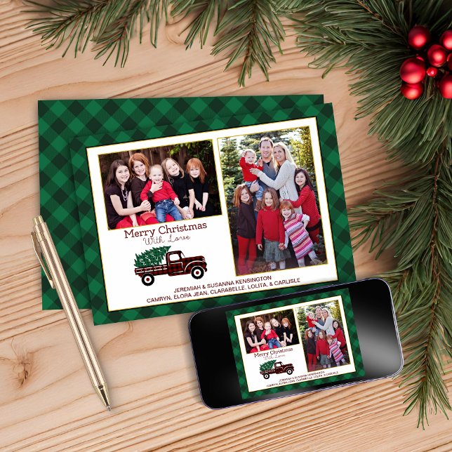 Weihnachten Grüner Karierter Baum Roter Lkw Urlaub (Christmas Green Plaid Tree Red Truck Holiday Photo Card)