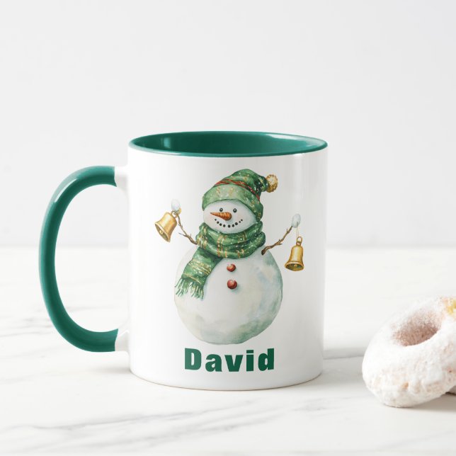 Weihnachten Grüner Scarf Schneemann mit Glocken Tasse (Mit Donut)