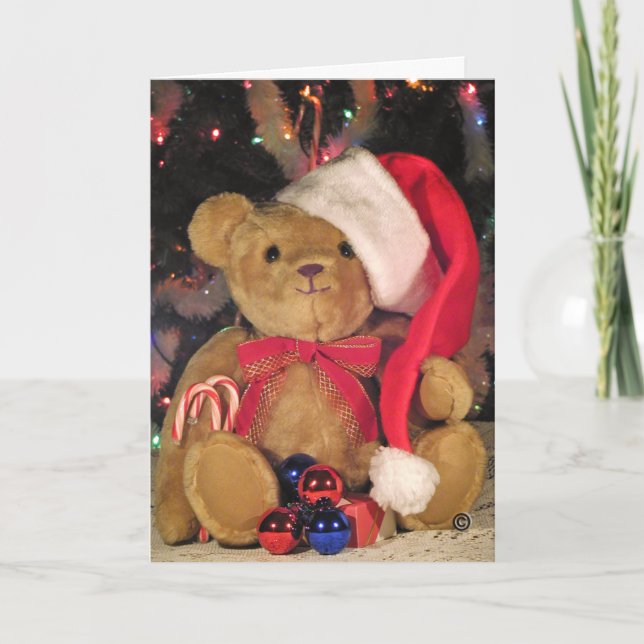 Weihnachten Gruß Card-Teddy Bären in rotem Hut. (Vorderseite)