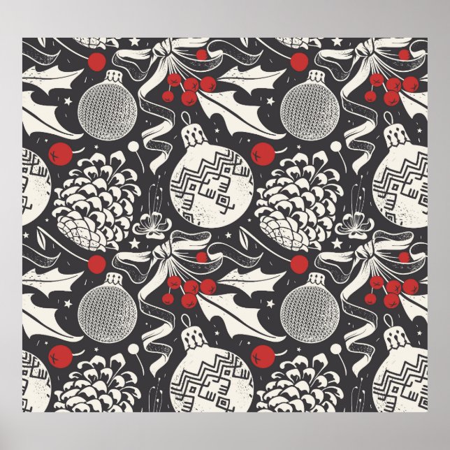 Weihnachten Hand Gezeichnet: Mistletoe Pine Nahtlo Poster (Vorne)