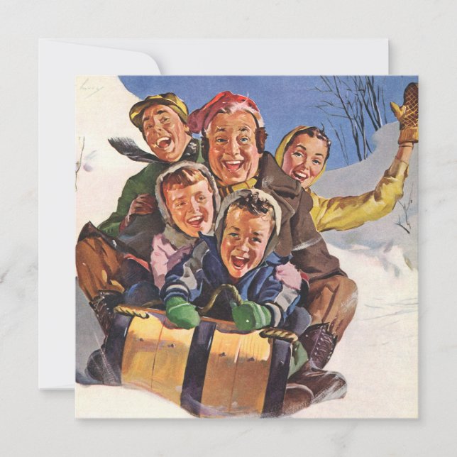Weihnachten, Happy Family Rodeln Rodelbahn mit Aus Einladung (Vorderseite)