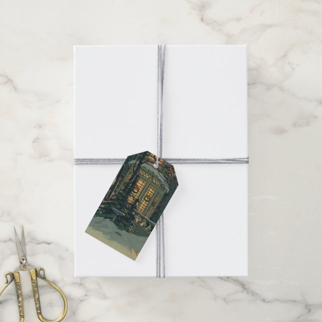 Weihnachten, Haus mit Kränen in Windows Geschenkanhänger (Mit Garn)