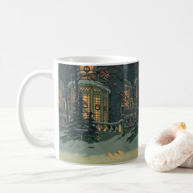 Weihnachten, Haus mit Kränen in Windows Kaffeetasse (Mit Donut)