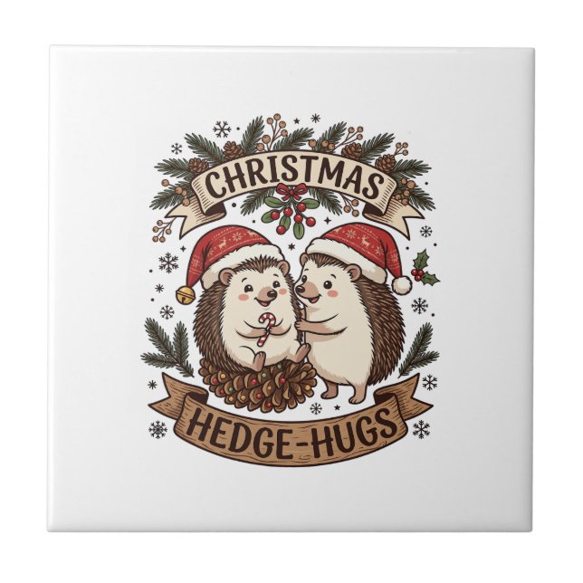 Weihnachten Hecke Umarme Igel Weihnachtsmann Hüte  Fliese (Vorderseite)