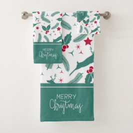 Weihnachten Heilig-und Hirschmuster auf Weiß. Badhandtuch Set