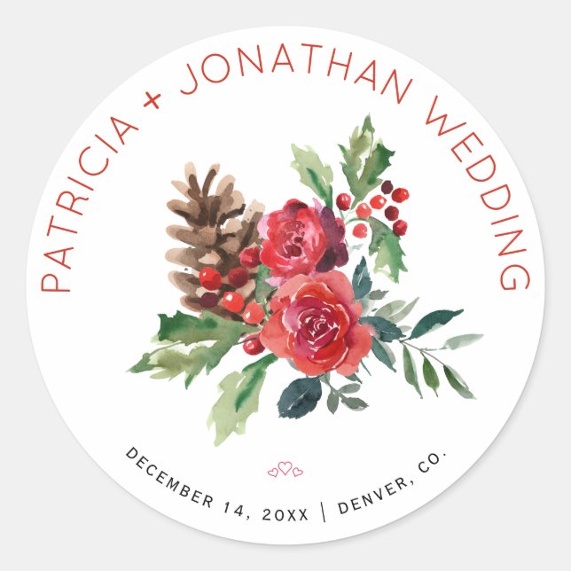 Weihnachten Hochzeit Aquarell Blumen und Beeren Runder Aufkleber (Vorderseite)