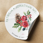Weihnachten Hochzeit Aquarell Blumen und Beeren Runder Aufkleber<br><div class="desc">Editierbarer Text Gastgeschenk Hochzeit Aufkleber oder Umschlag Aufkleber mit einem rustikalen modernen Aquarell Weihnachtsbouquet und grüne Typografie Skript. Ideal für Ihren Winter,  Weihnachten blühende,  elegante rustikale thematische Hochzeiten. Personalisieren Sie es mit den Namen der Braut und des Bräutigams und den Einzelheiten der Hochzeit!</div>