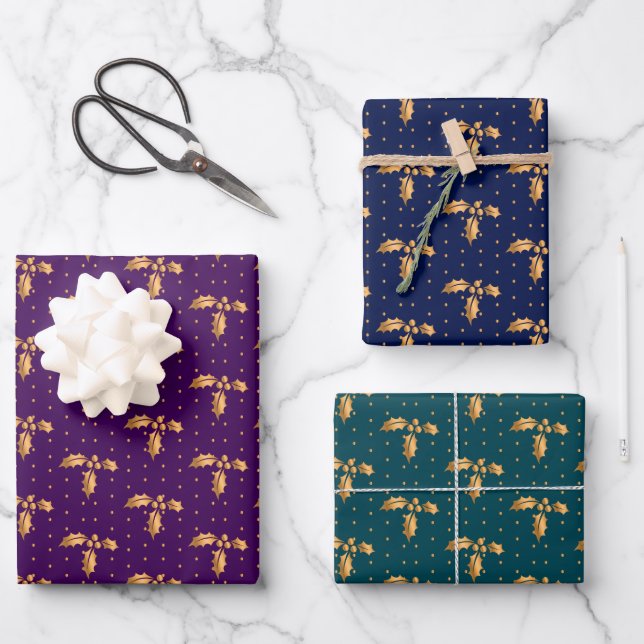 Weihnachten Holly auf Lila, Marine und Aquamarin Geschenkpapier Set (Vorderseite)