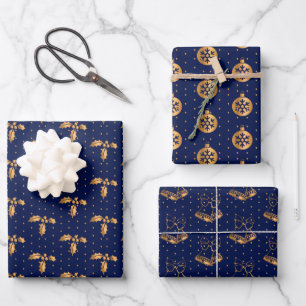 Weihnachten Holly, Baubles und Holly auf Navy Blue Geschenkpapier Set