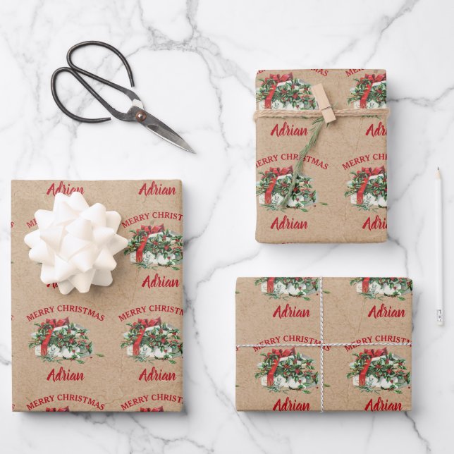 Weihnachten Holly Berries Individuelle Name Kraft Geschenkpapier Set (Vorderseite)