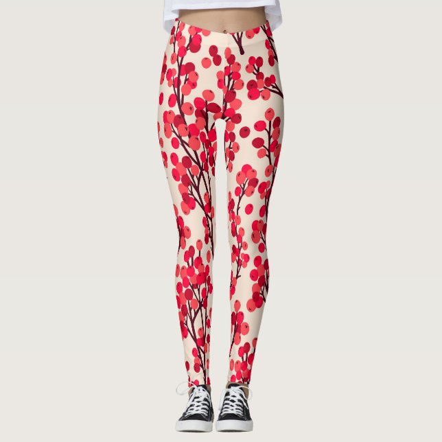 Weihnachten Holly Berries Nahtloses Muster Leggings (Vorderseite)