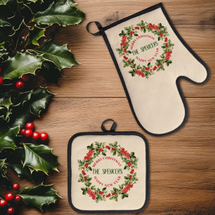 Weihnachten Holly Blätter & Berries Frohe Weihnach Ofenhandschuh & Topflappen-Set