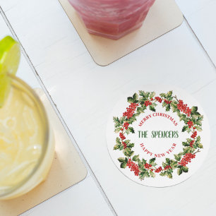 Weihnachten Holly Blätter & Berries Frohe Weihnach Runder Pappuntersetzer