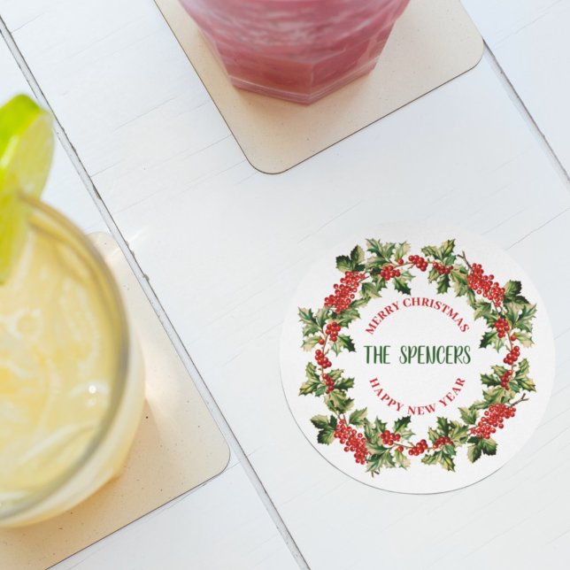 Weihnachten Holly Blätter & Berries Frohe Weihnach Runder Pappuntersetzer (Von Creator hochgeladen)