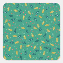 Weihnachten Holly Blätter & Berries mit Schneefloc Quadratischer Aufkleber