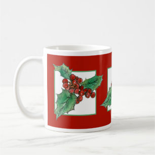 Weihnachten Holly Botanische Pflanze Zeichnend Rot Kaffeetasse