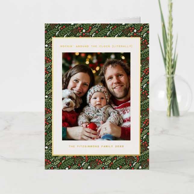 Weihnachten Holly Leaf Foil Holiday Foto Card (Vorderseite)