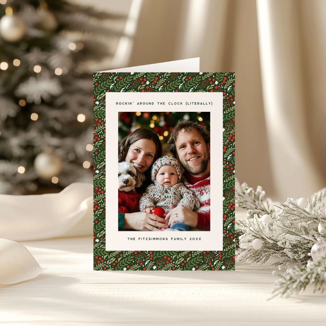 Weihnachten Holly Leaf Urlaub Familie Fotokarte Karte (Holly Leaf Christmas folded vertical photo card)