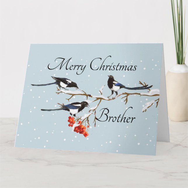 Weihnachten Holly Magpie Bird Brother Karte (Vorderseite)