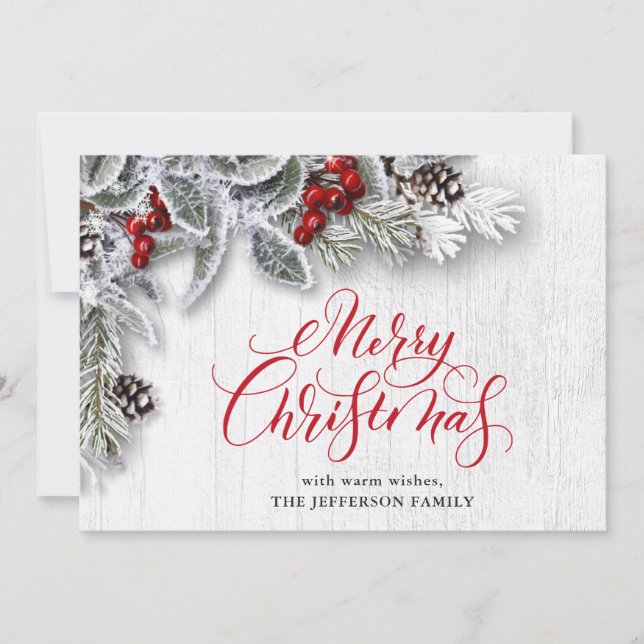 Weihnachten Holly Pine Rustic Holiday Grußkarte (Vorderseite)