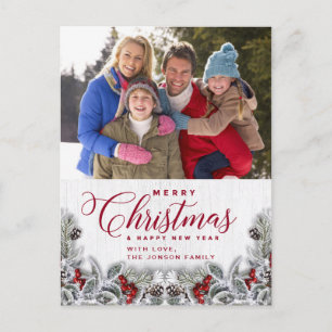 Weihnachten Holly Pine Rustikales Foto Gruß Postkarte