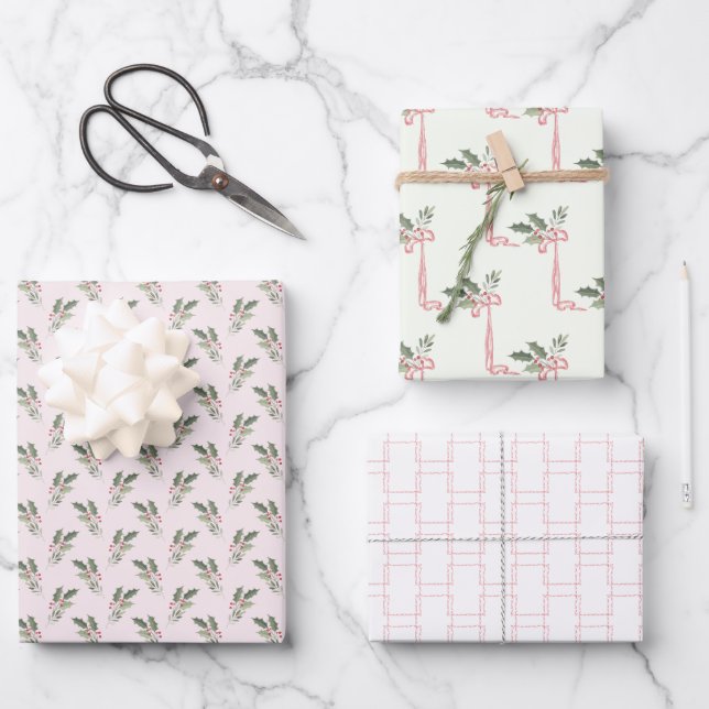 Weihnachten Holly Pink & Green Geschenkpapier Set (Vorderseite)