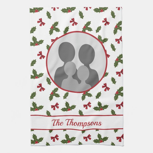 Weihnachten Holly und Bows Custom Foto Template Geschirrtuch (Vertikal)