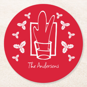 Weihnachten Holly und ein glänzendes Glas Runder Pappuntersetzer