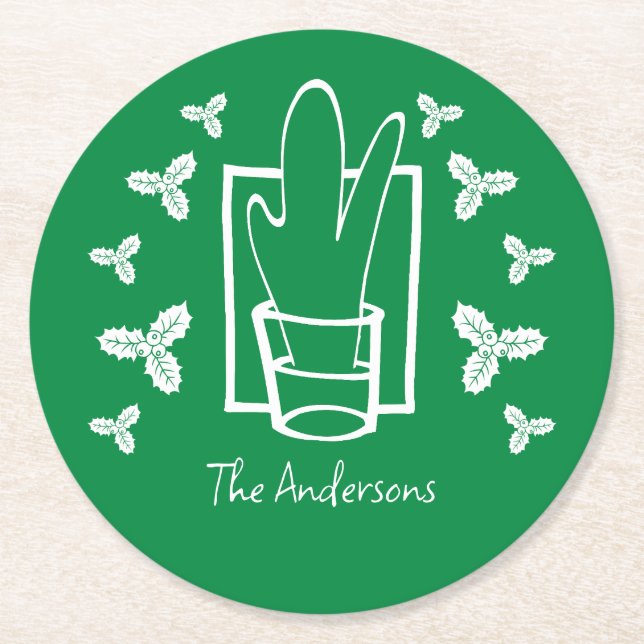 Weihnachten Holly und ein glänzendes Glas Runder Pappuntersetzer (Vorderseite)