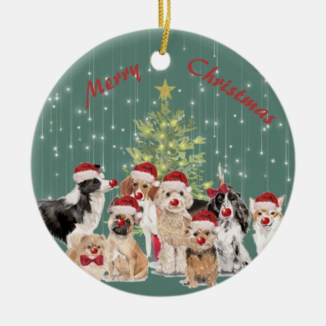 Weihnachten Hund liebt Grüne Weihnachtsmannmütze Keramik Ornament (Vorne)