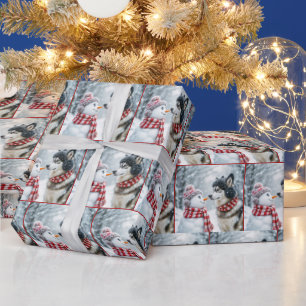 Weihnachten Husky Hund mit Schneemann Geschenkpapier