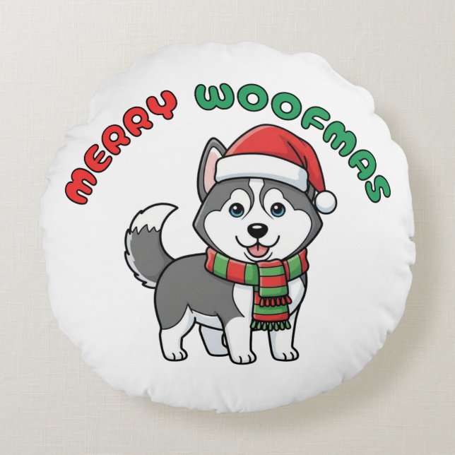 Weihnachten Husky Rundkissen: Fröhliche Woofmas Rundes Kissen (Vorderseite)