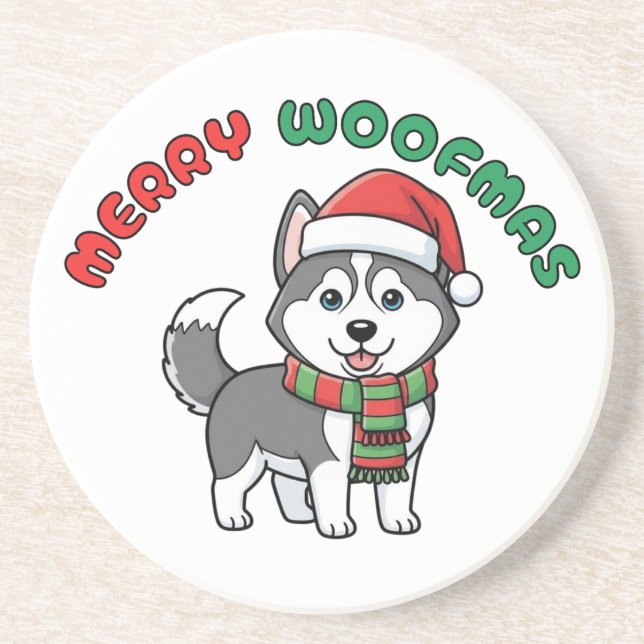 Weihnachten-Husky-Untersetzer: Frohe Woofmas Getränkeuntersetzer (Vorne)