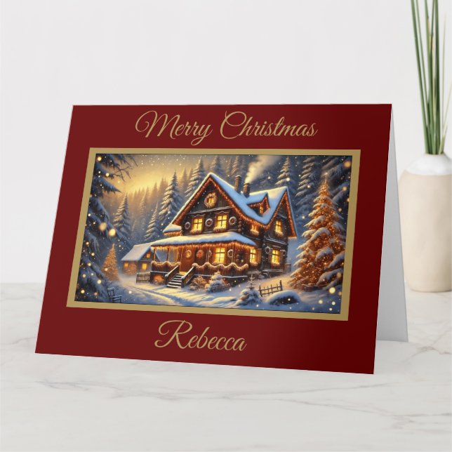 Weihnachten-Hütte in einem Snowy Forest Weihnachts Karte (Vorderseite)