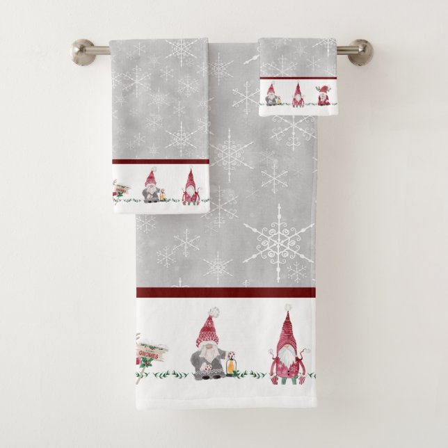 Weihnachten I Liebe Gnomes Skandinavien Rot Grau Badhandtuch Set (Insitu)
