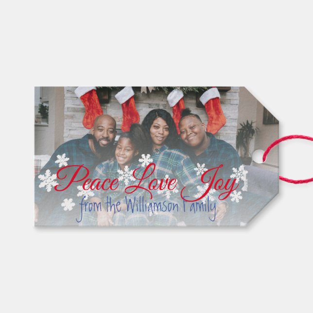 Weihnachten Ihr Foto Peace Liebe Joy Red Script Geschenkanhänger (Vorderseite (Horizontal))