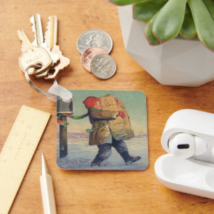 Weihnachten im alten Stil, Kind mit großem Paket Schlüsselanhänger