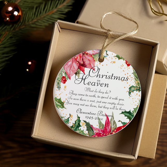 Weihnachten im Himmel Poinsettia Gold-Gedächtnis-F Keramik Ornament (Christmas In Heaven Poinsettia Gold Spatter Memorial Photo Ceramic Ornament)