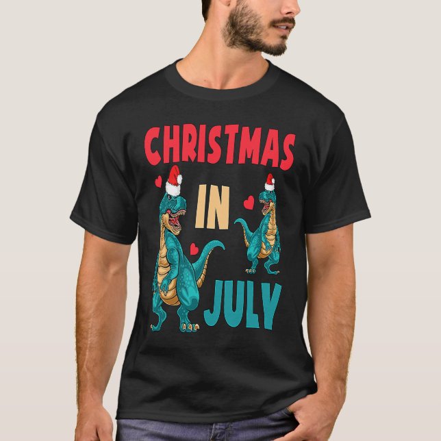 Weihnachten im Juli Dinosaurier Xmas Weihnachtsman T-Shirt (Vorderseite)