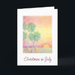 Weihnachten im Juli in Tropical Beach<br><div class="desc">Weihnachten im Juli gefaltet Grußkarte mit einem Skript-Typografie und tropischen Strand-Design mit Palmen bei Sonnenuntergang. Mit rot anpassbaren Buchstaben können Sie Ihre eigenen Informationen hinzufügen. Eine festliche Art,  Urlaubswünsche an Liebende zu senden.</div>